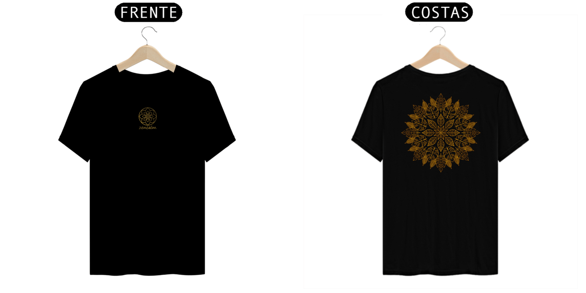 Nome do produto: Camiseta Mandala folhas reluzentes - Radial amarelo e dourado