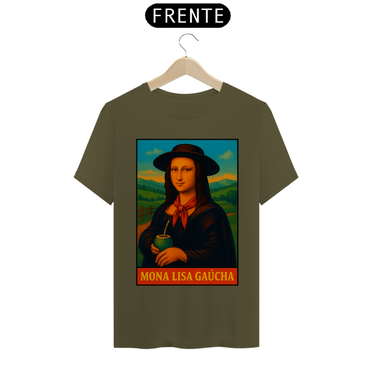 Nome do produto: Camiseta Mona Lisa Gaúcha – Arte Clássica com Cultura do Sul do Brasil