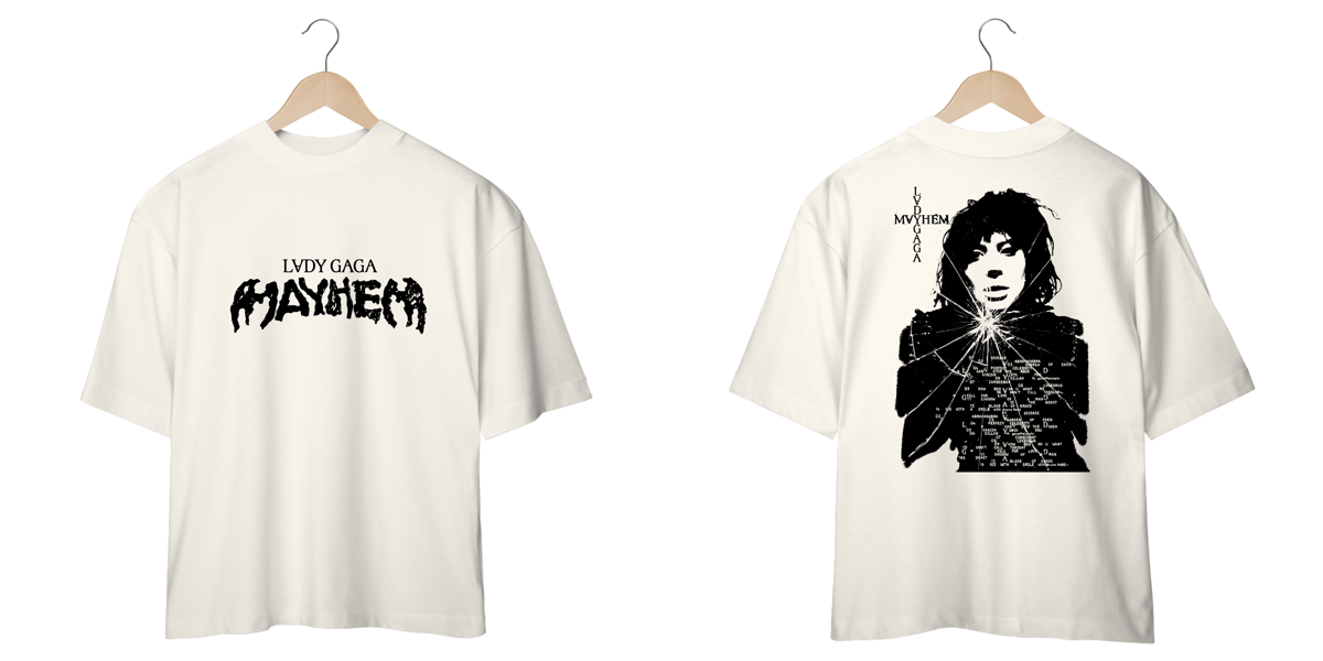 Nome do produto: Camiseta Oversized Frente e Verso Lady Gaga - Mayhem + Broken Glass Black Tracklist