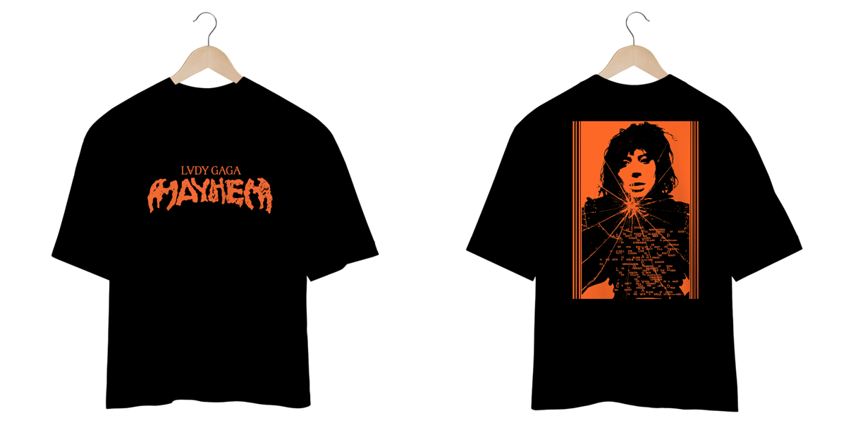 Nome do produto: Camiseta Oversized Frente e Verso Lady Gaga - Mayhem + Broken Glass Tracklist