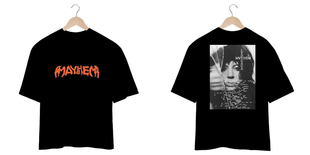 Nome do produto: Camiseta Oversized Frente e Verso Lady Gaga - Mayhem + Broken Glass Cover Tracklist