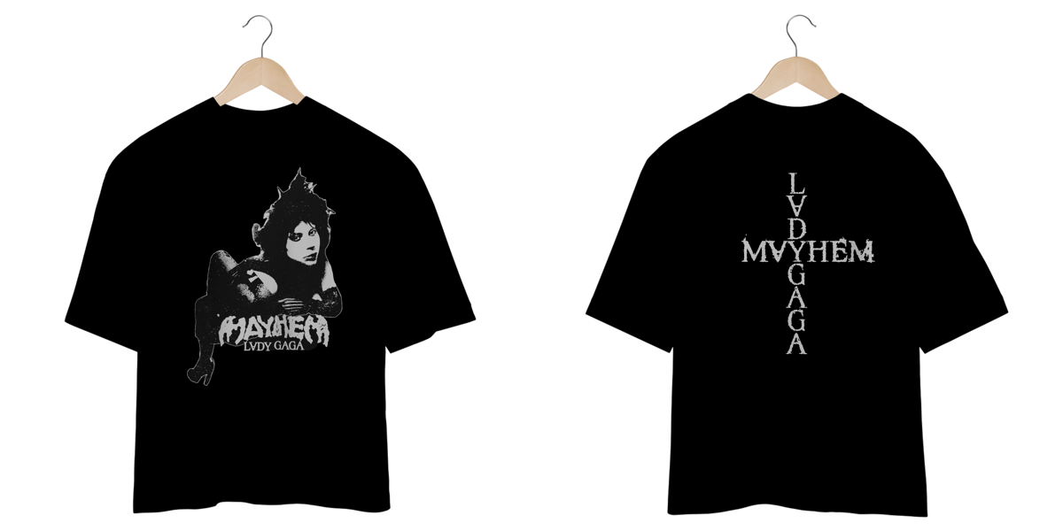 Nome do produto: Camiseta Oversized Frente e Verso Lady Gaga - Mayhem Sticker + Cross