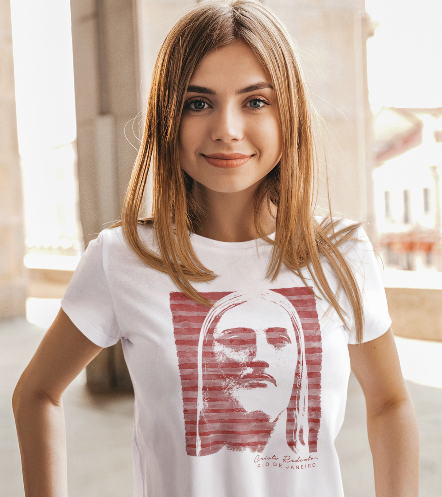 Camiseta Feminina Cristo Redentor vermelho e preto