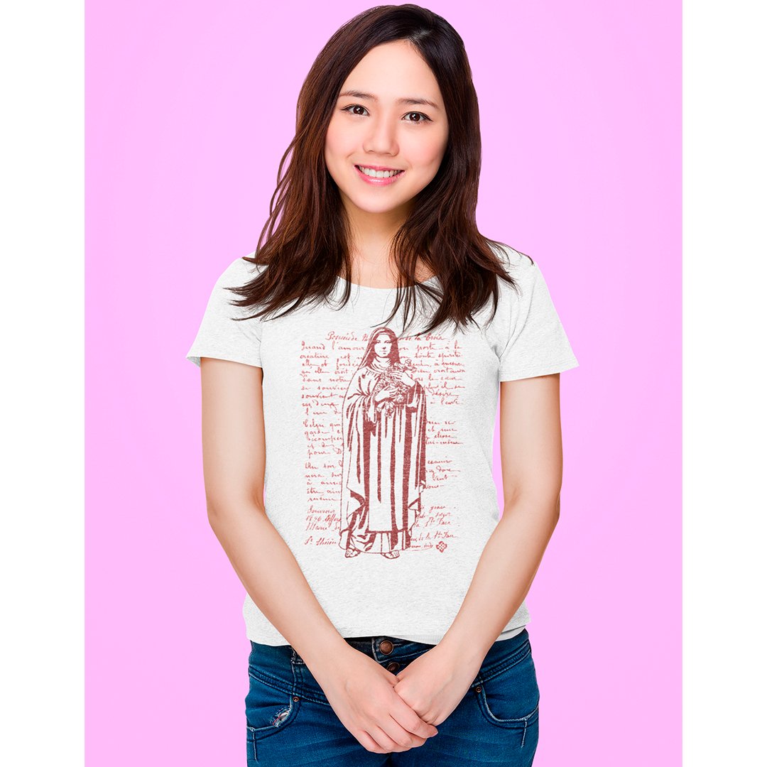 Nome do produto: Camiseta Feminina Santa Teresinha estampa vermelha