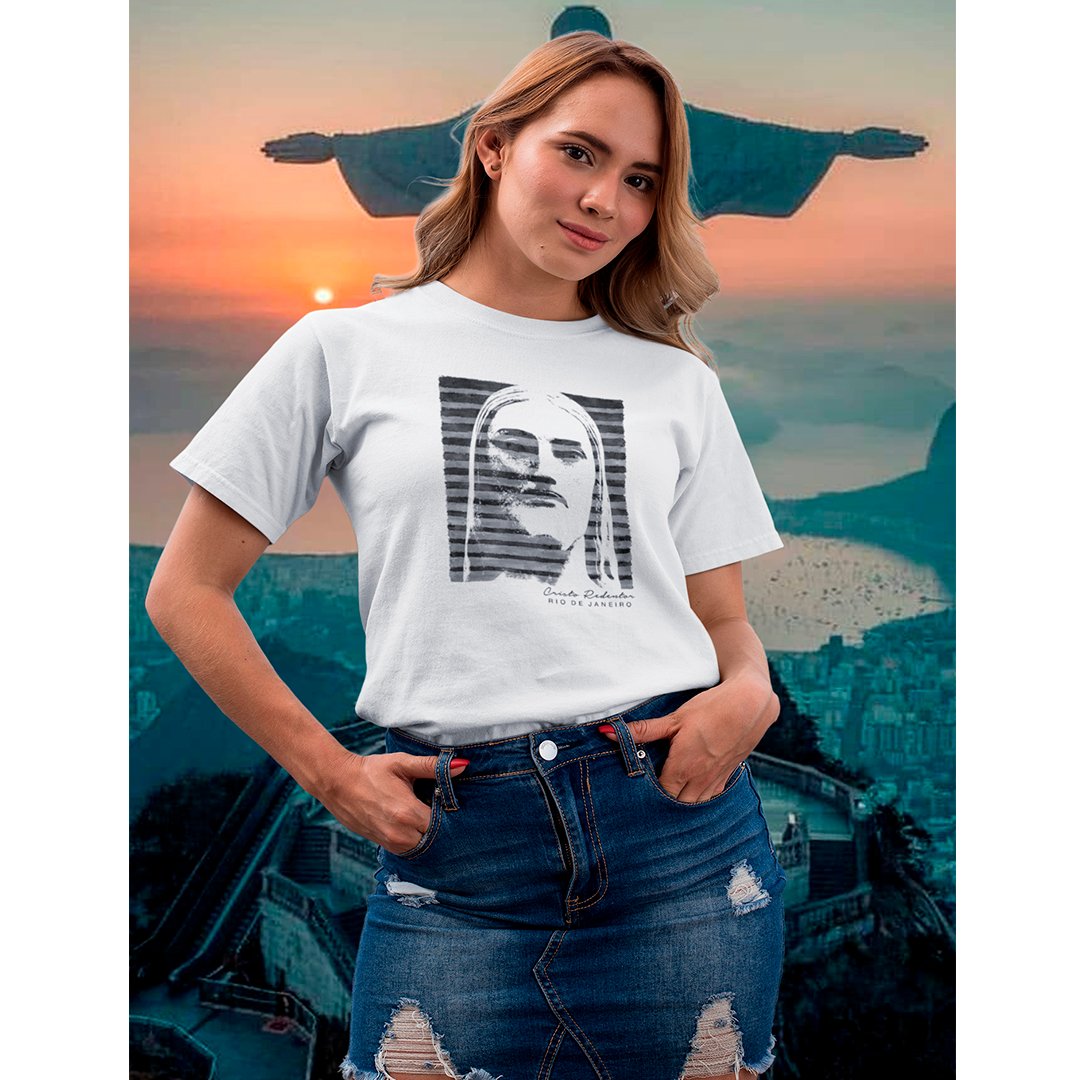 Camiseta Feminina Cristo Redentor listras pretas