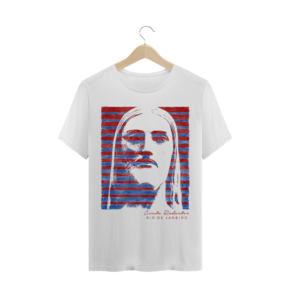 Camiseta Masculina Cristo Redentor azul e vermelho