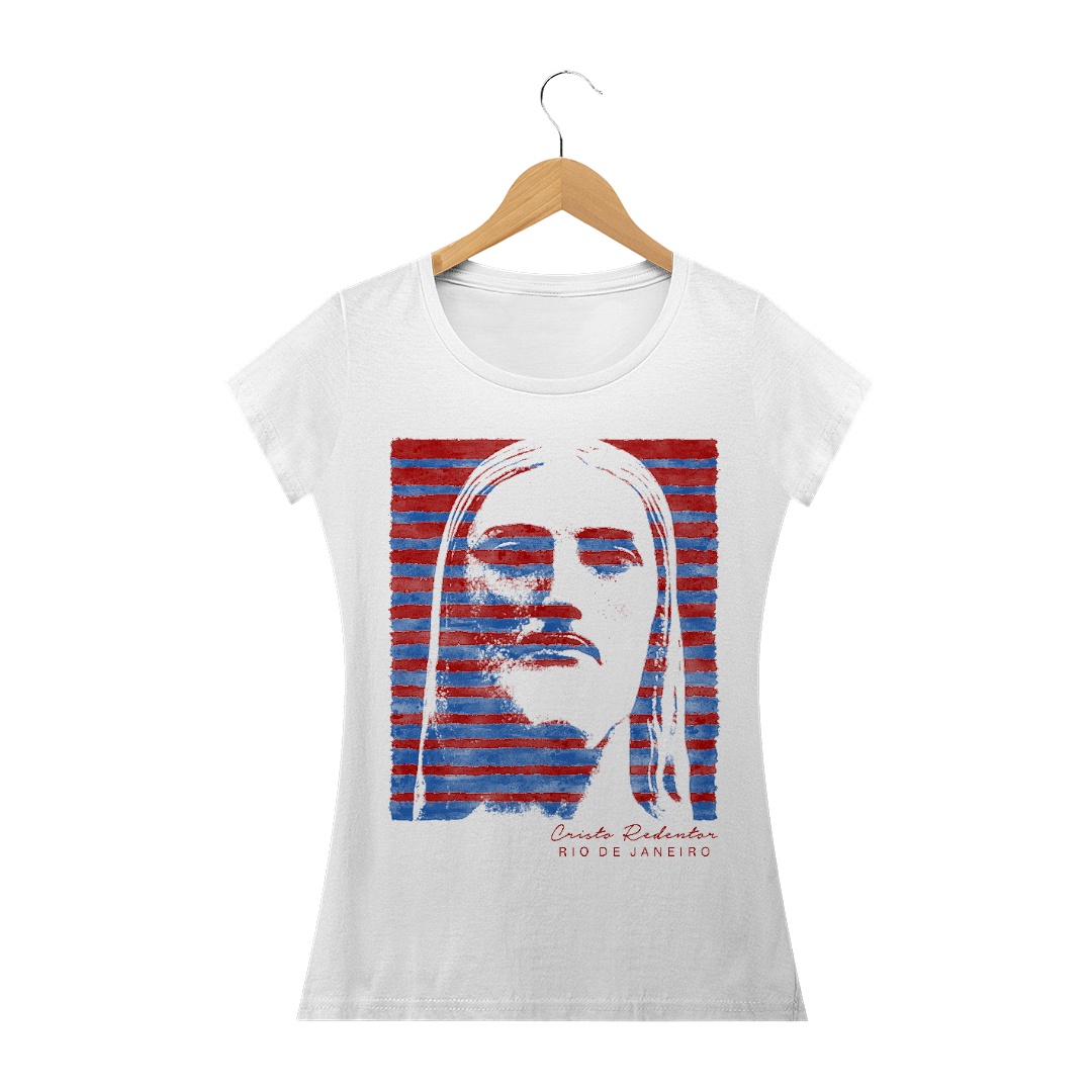 Camiseta Feminina Cristo Redentor azul e vermelho