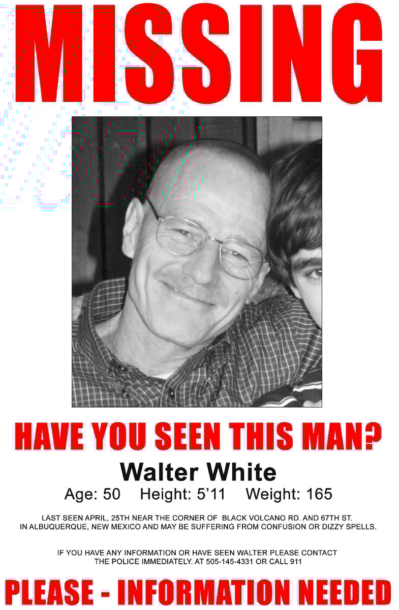 Nome do produto: Camiseta Walter White Missing - Breaking Bad