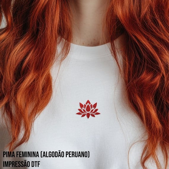 camiseta Pima Fem (alg. peruano) Flor de Lótus Vermelha (efeito brilho)