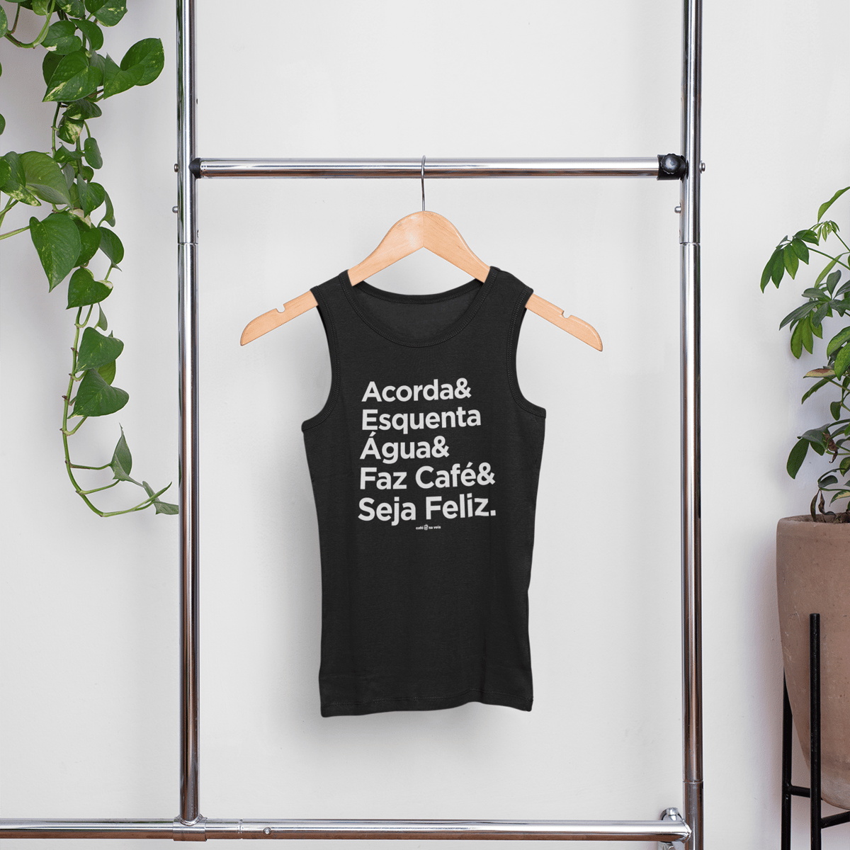 Nome do produto: Camiseta Regata Café - Acorda&EsquentaÁgua&FazCafé&SejaFeliz.