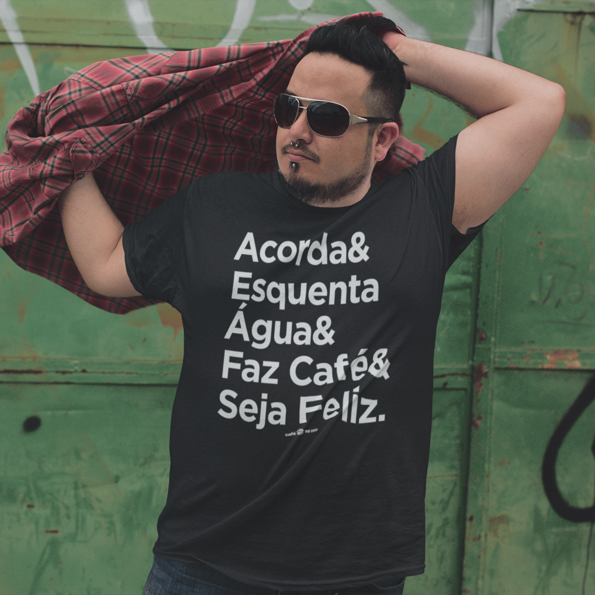 Nome do produto: Camiseta Plus Size Café - Acorda&EsquentaÁgua&FazCafé&SejaFeliz.