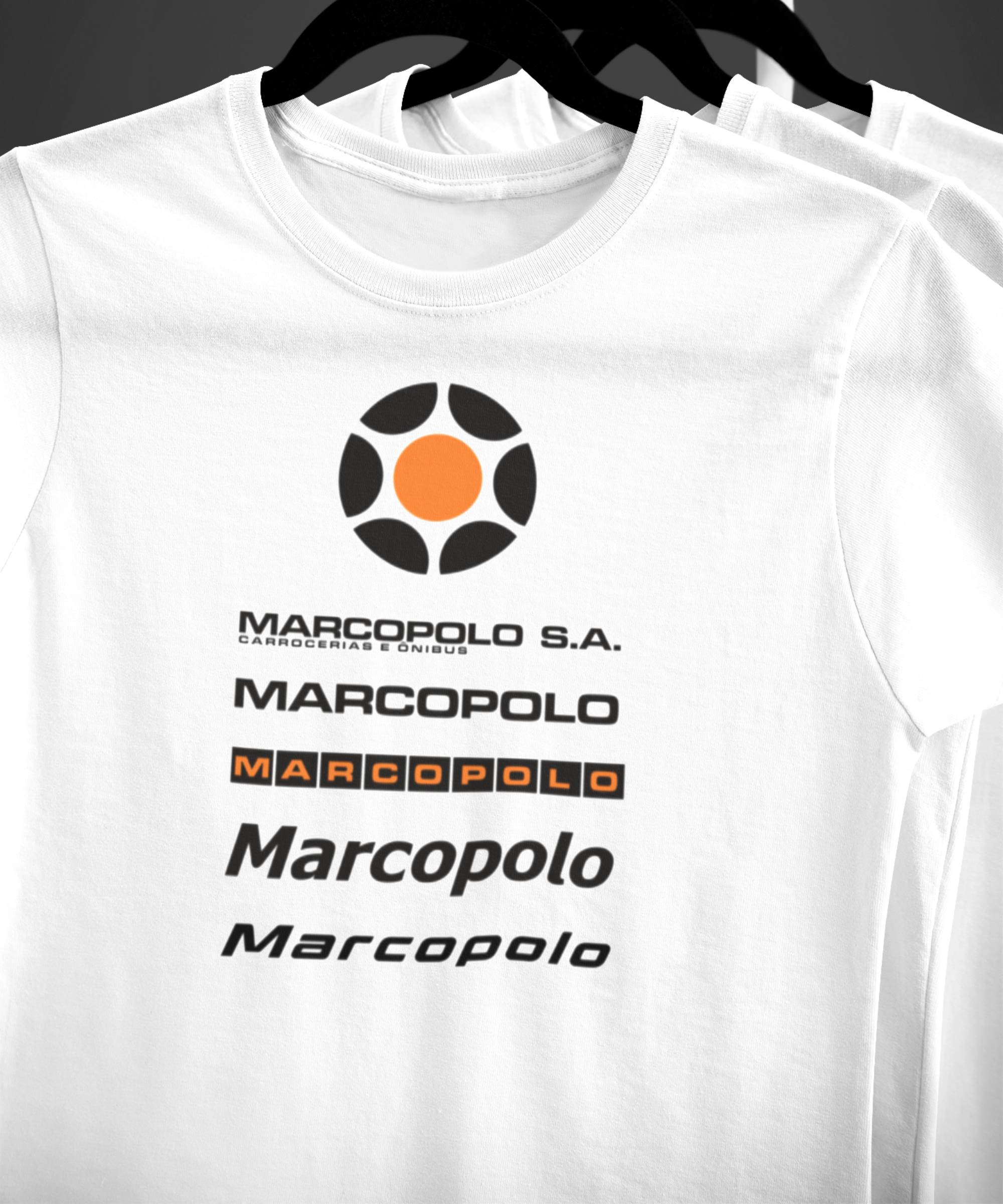 CAMISETA MASCULINA EVOLUÇÃO DOS LOGOS DA MARCOPOLO