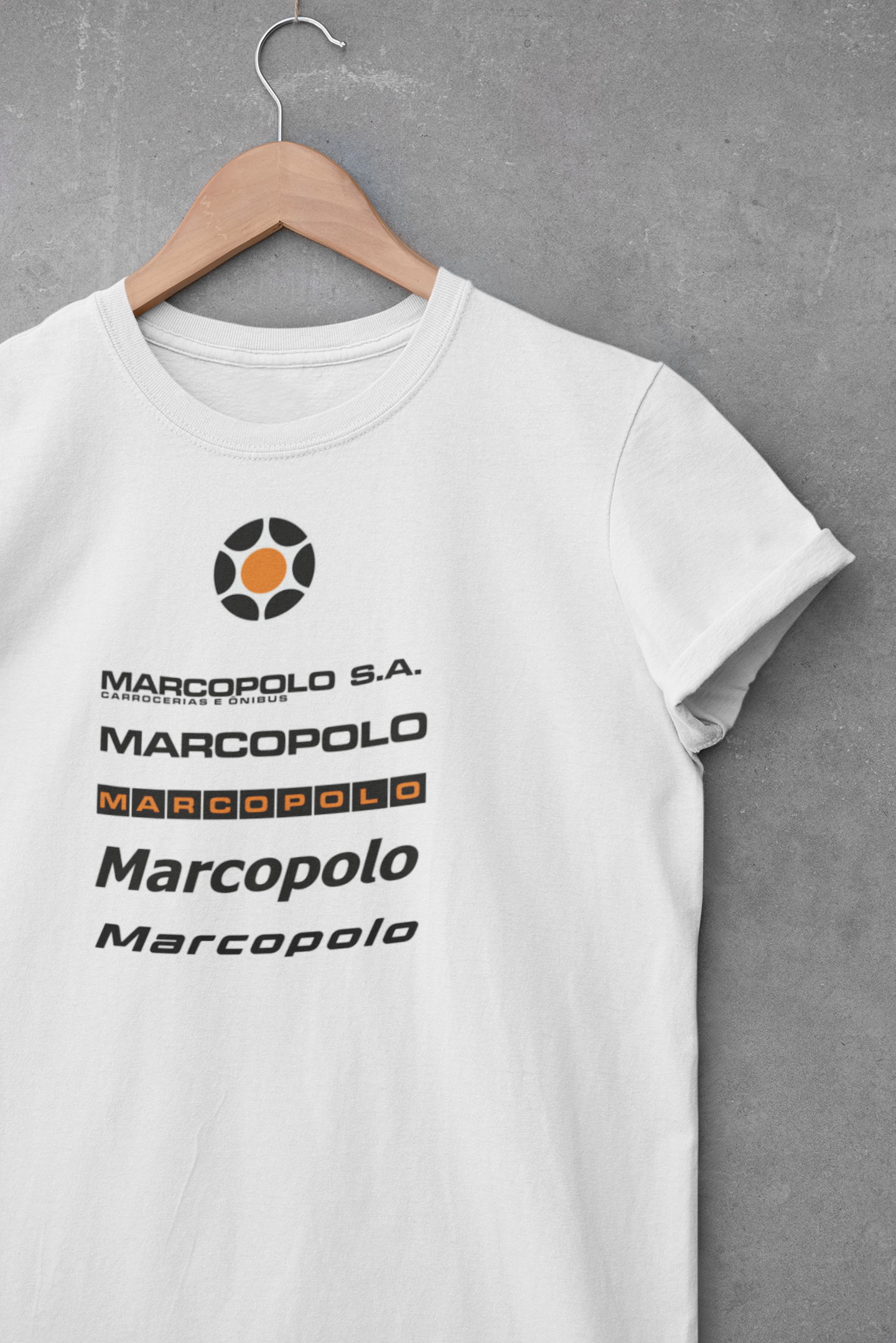 CAMISETA FEMININA BABY LOOK MARCOPOLO EVOLUÇÃO LOGOTIPOS