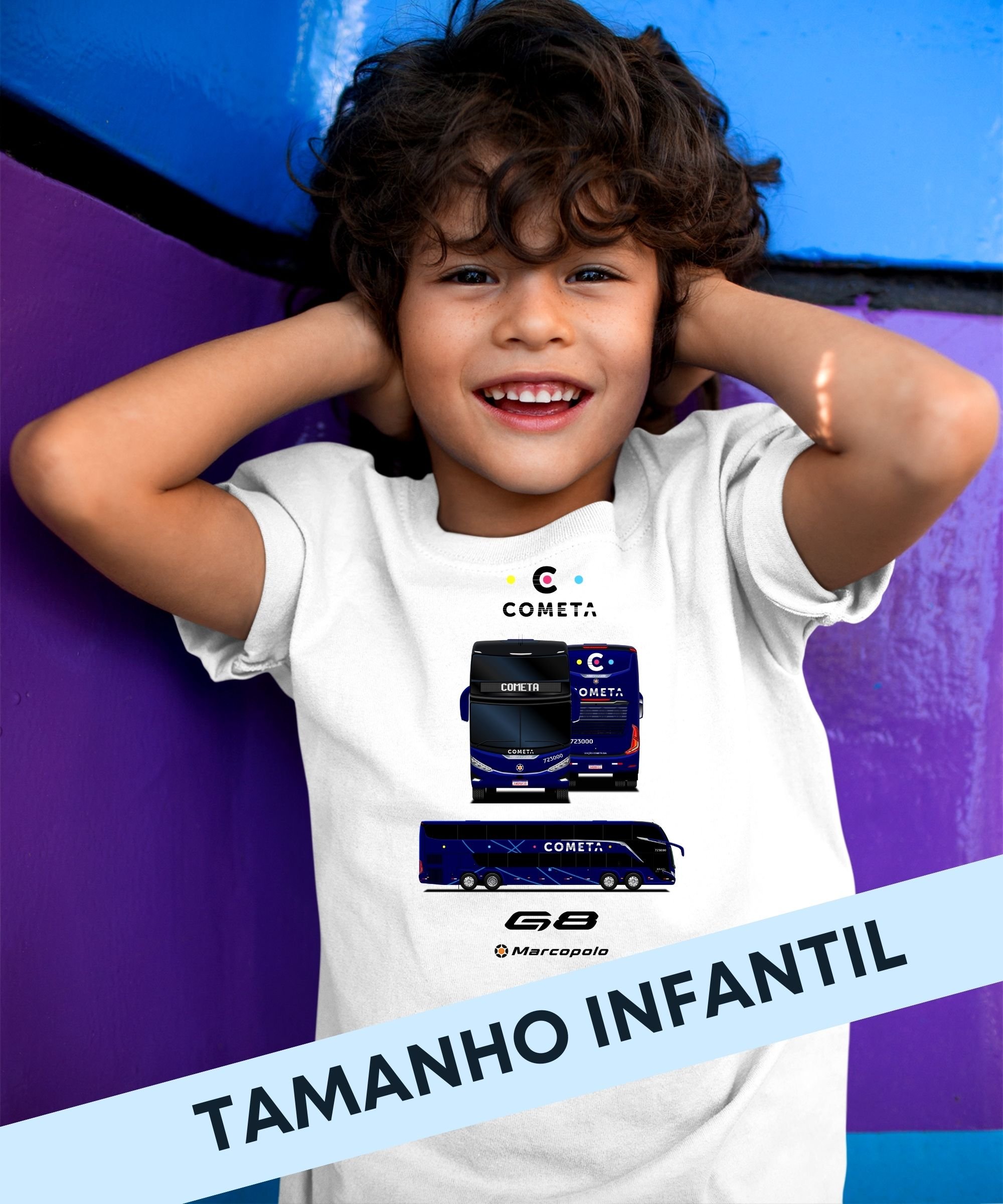 CAMISETA INFANTIL ÔNIBUS VIAÇÃO COMETA MARCOPOLO G8 PARADISO 1800DD