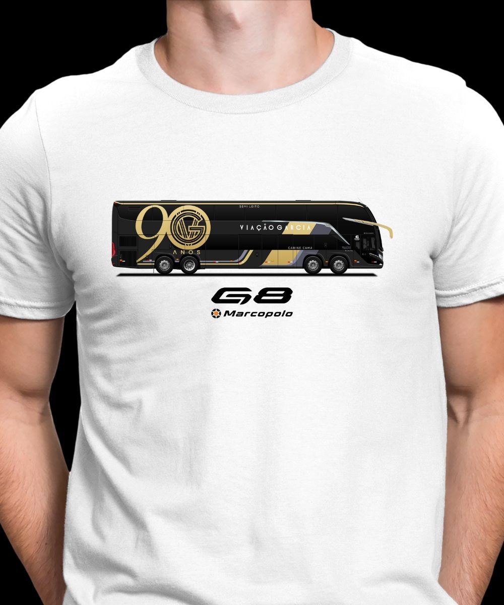 Nome do produto: CAMISETA VIAÇÃO GARCIA 90 ANOS MARCOPOLO G8 