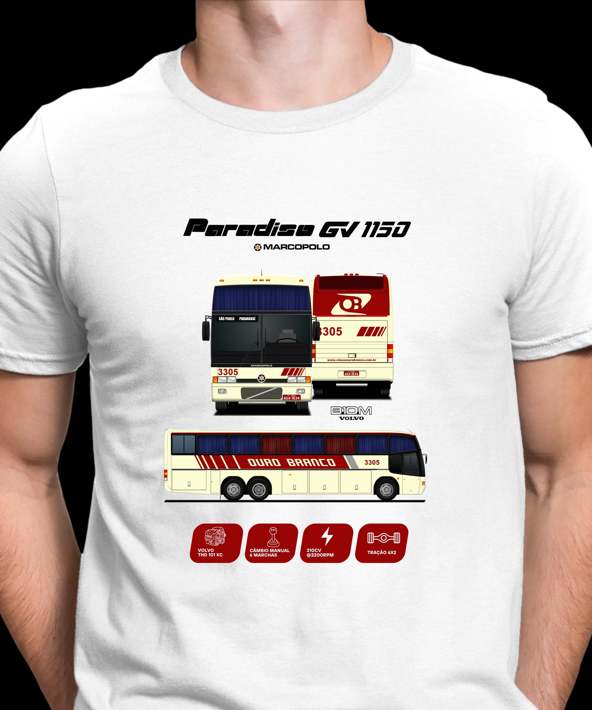 CAMISETA DESENHO ÔNIBUS VIAÇÃO OURO BRANCO MARCOPOLO GV 1150 