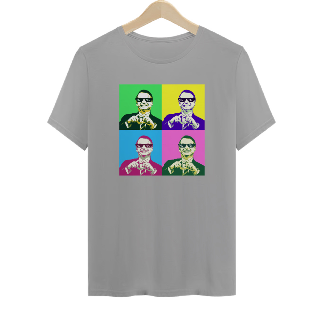 Camiseta Bolsonaro Pop Art - Azul, Cinza e Rosa