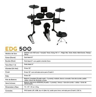Nome do produto Kit Bateria Eletrônica Completa Groove Drums Edg500 5 Pads Mesh 3 Pratos Profissional + Banco Fone De Ouvido