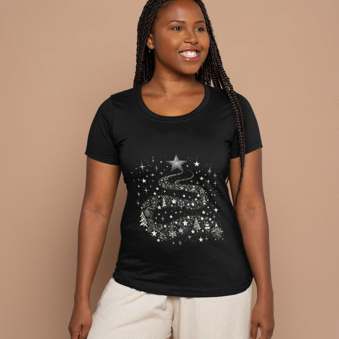 Nome do produto: Camiseta Estampada Feminina Natal Caminho de Estrelas