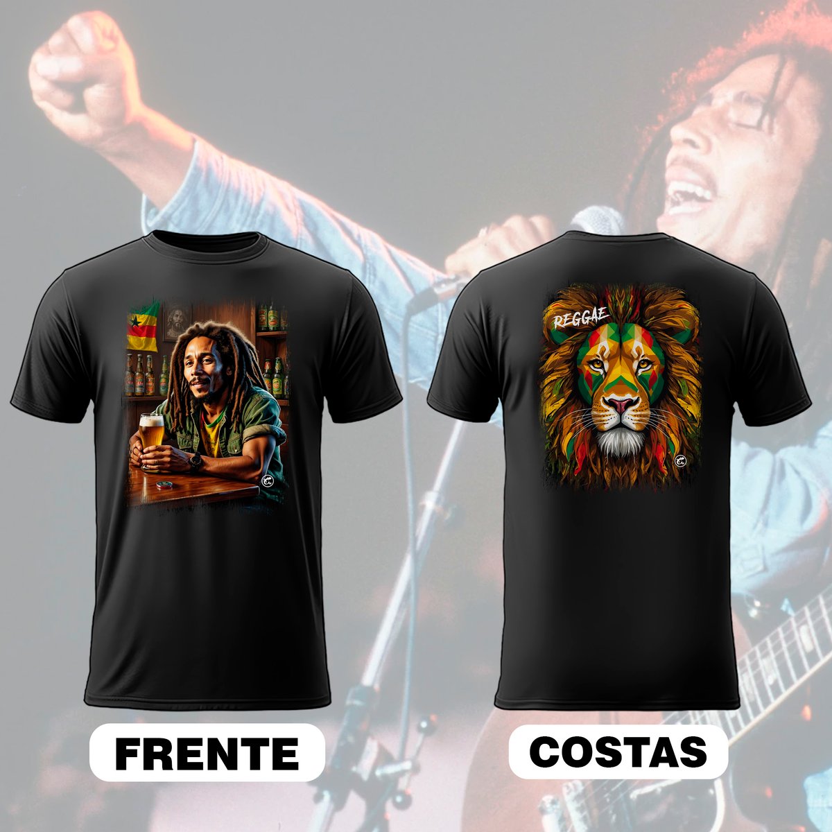 Nome do produto: Camiseta de Bob Marley - Frente e Costas