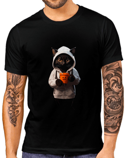 T-Shirt Masculino Gato tomando Café