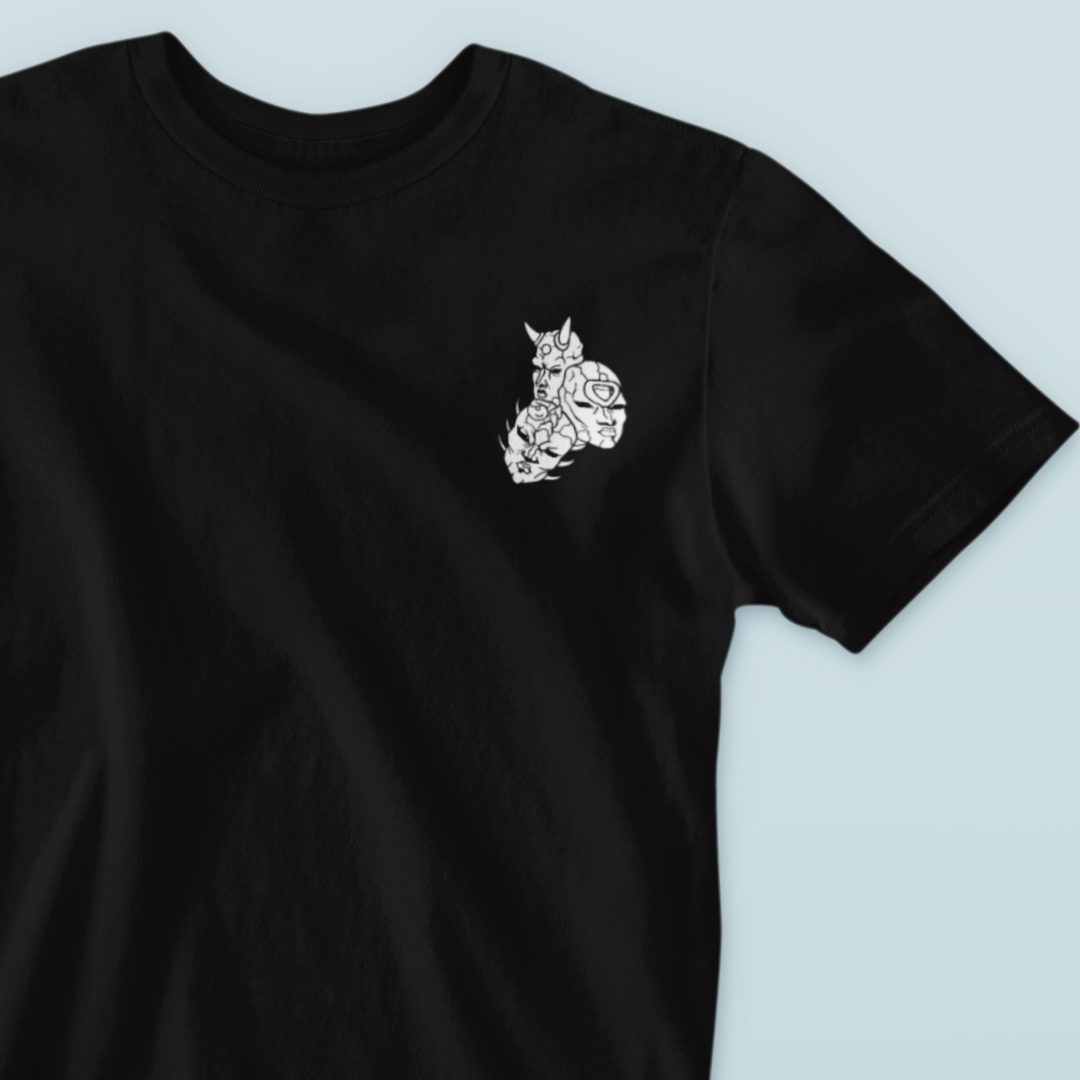 Nome do produto: Camiseta Minimalista Máscaras de Pedra Branco Frente