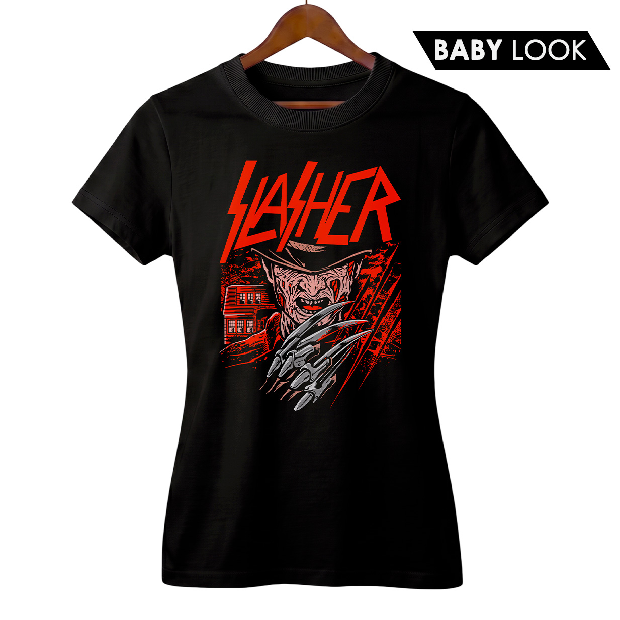 Baby Look Feminina Slasher 'Freddy Krueger' + Banda Slayer | Rock Horror