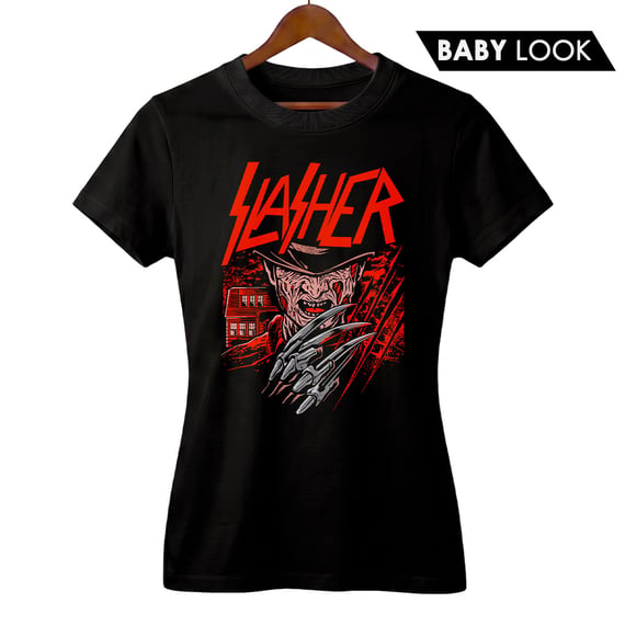 Baby Look Feminina Slasher 'Freddy Krueger' + Banda Slayer | Rock Horror