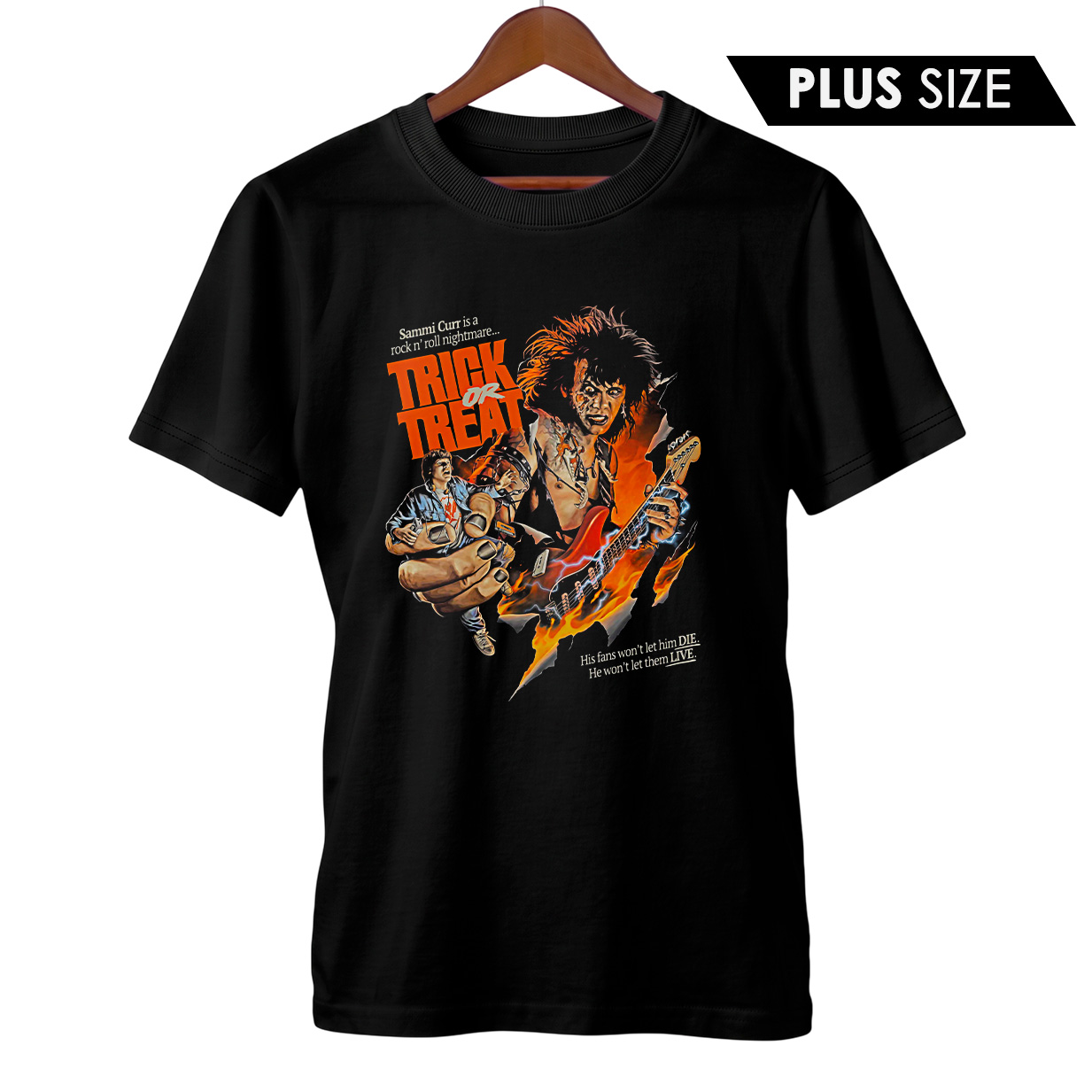 Camiseta Plus Size Heavy Metal do Horror - Trick or Treat | Pesadelo Rock ’n’ Roll | Filme de Terror