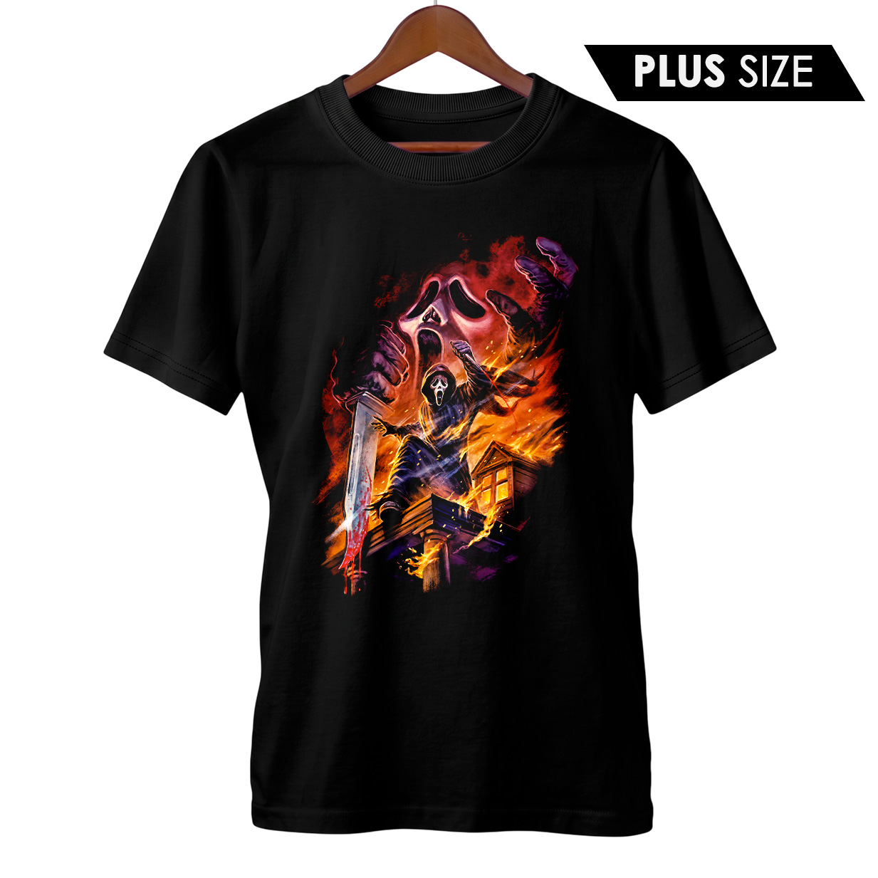 Camiseta Plus Size Pânico | Ghostface em Chamas | Filme de Terror
