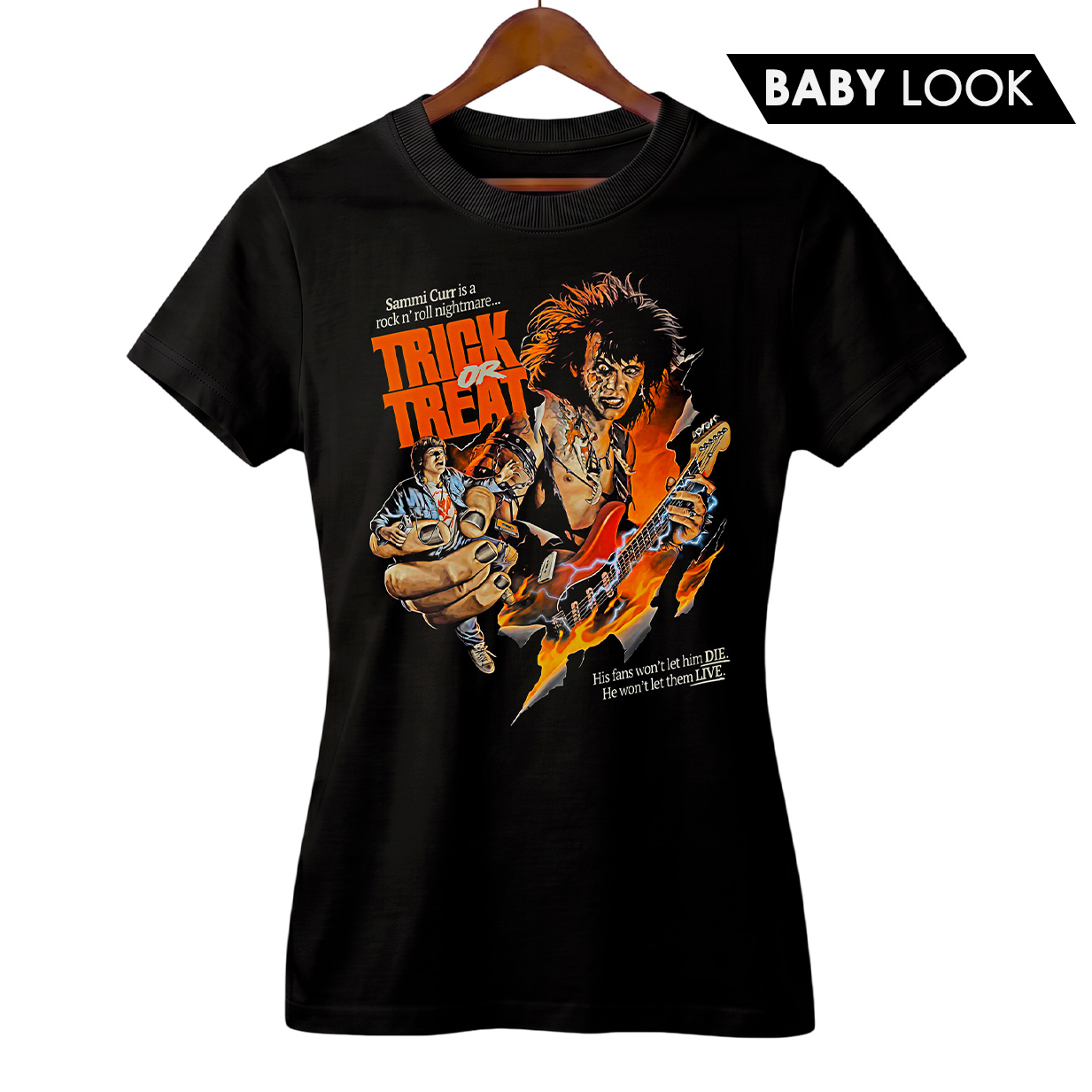 Camiseta Feminina Heavy Metal do Horror - Trick or Treat | Pesadelo Rock ’n’ Roll | Filme de Terror