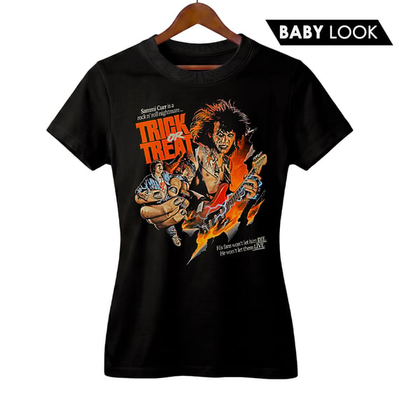 Camiseta Feminina Heavy Metal do Horror - Trick or Treat | Pesadelo Rock ’n’ Roll | Filme de Terror