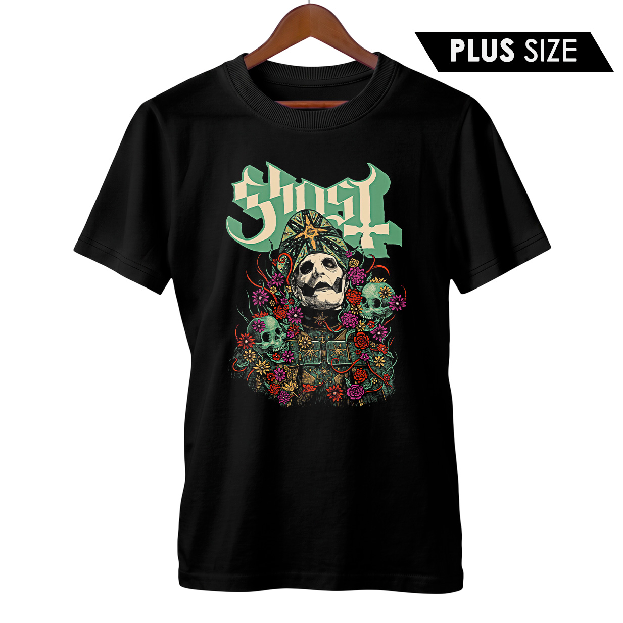 Camiseta Plus Size Ghost | Caveiras e Flores | Rock
