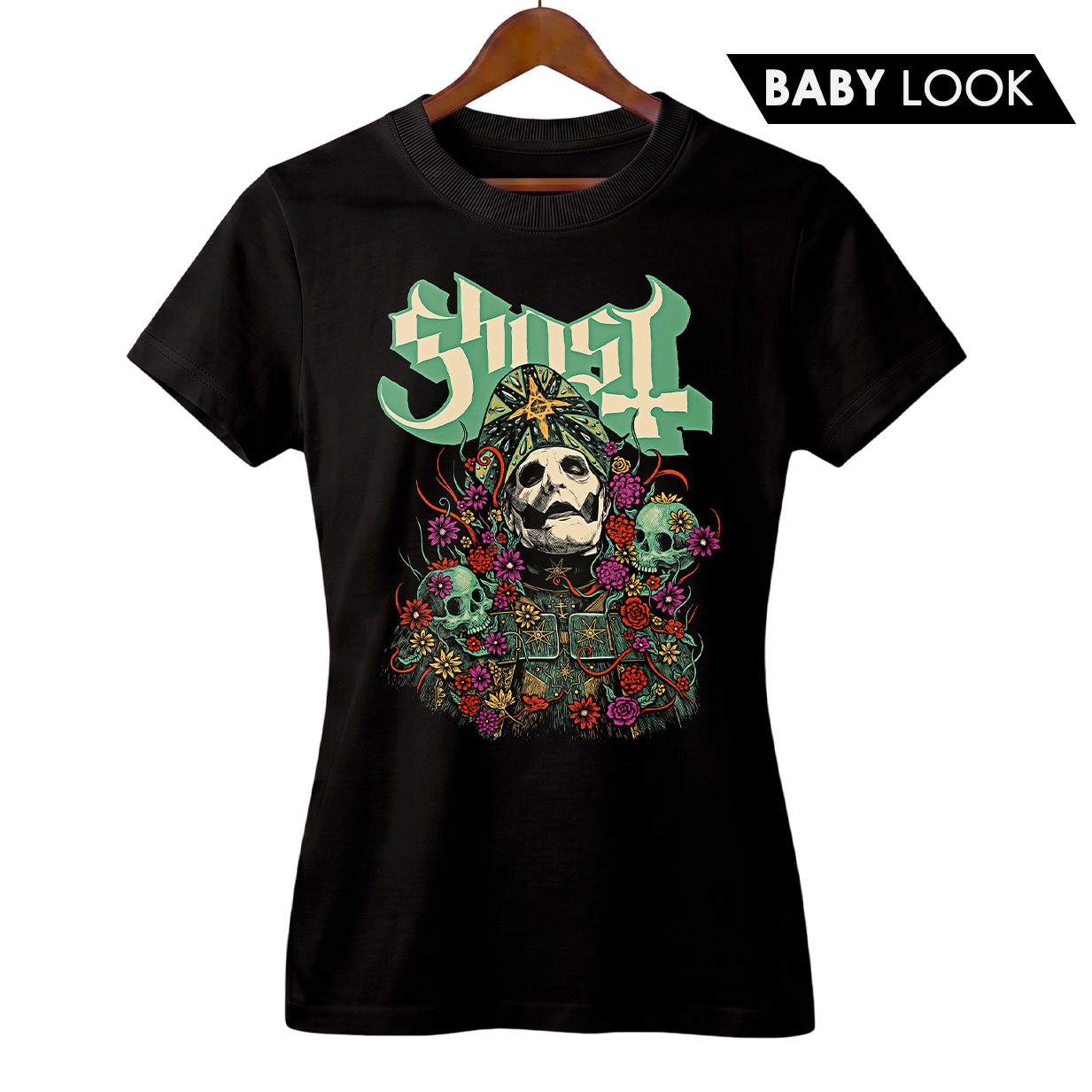Baby Look Feminina Ghost | Caveiras e Flores | Rock