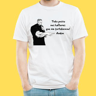 Nome do produto Camiseta Academia tudo posso nos Halteres que me fortalecem