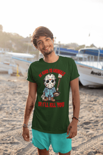 CAMISETA T-SHIRT ESTONADA DOG, LINHA FILME JASON BE KIND TO ANIMALS, SEXTA FEIRA 13