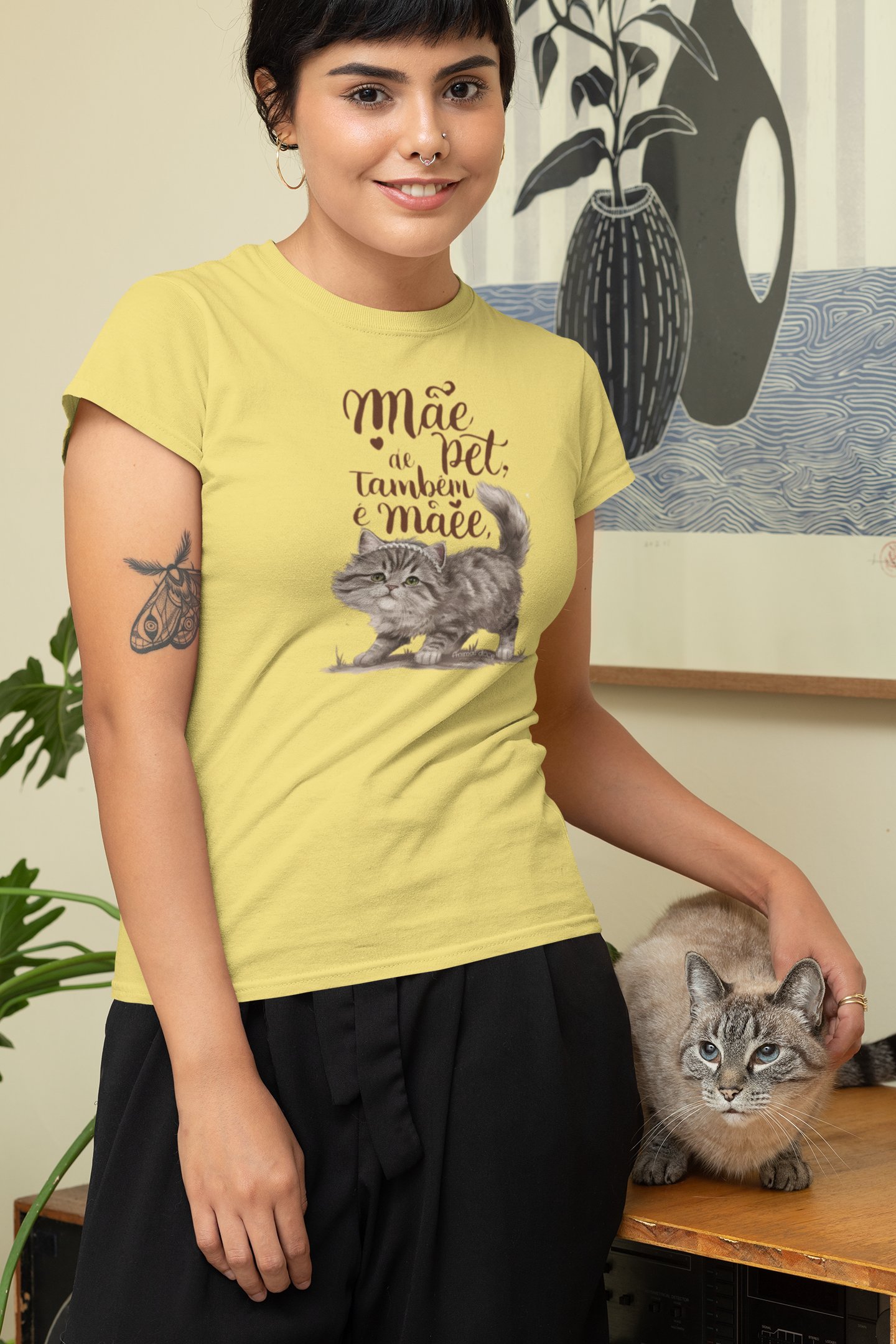 CAMISETA BABY LONG ESTONADA CAT, MÃE DE PET TAMBÉM E MÃE