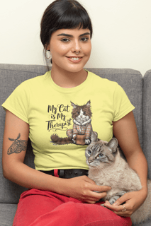 CAMISETA BABY LONG ESTONADA, MY CAT IS MY THERAPIST