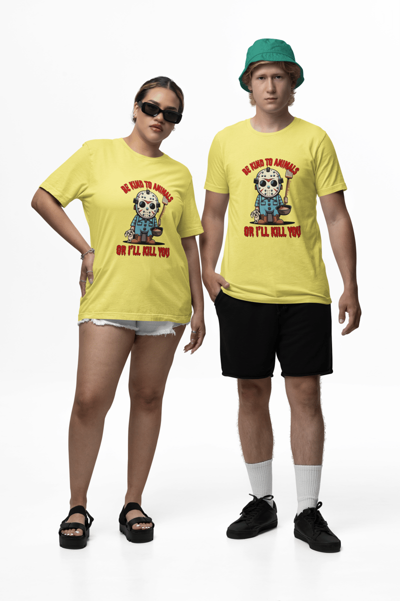 Nome do produto: CAMISETA T-SHIRT ESTONADA DOG, LINHA FILME JASON BE KIND TO ANIMALS, SEXTA FEIRA 13