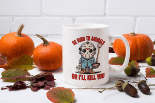 CANECA PERSONALIZADA CRIATIVA EM CERÂMICA, 325ML C/02 LADOS LINHA FILME JASON BE KIND TO ANIMALS, SEXTA FEIRA 13