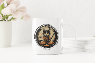 CANECA PERSONALIZADA CRIATIVA EM CERÂMICA, 325ML C/02 LADOS, SAMURAI CAT