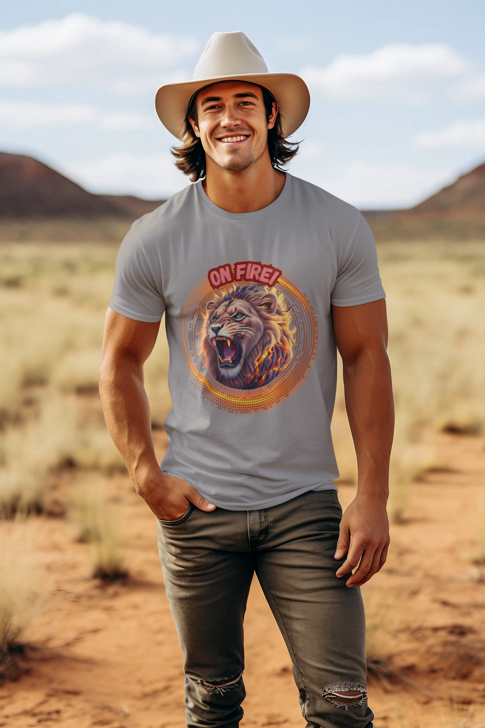 CAMISETA T-SHIRT PLUS SIZE, LION ON FIRE