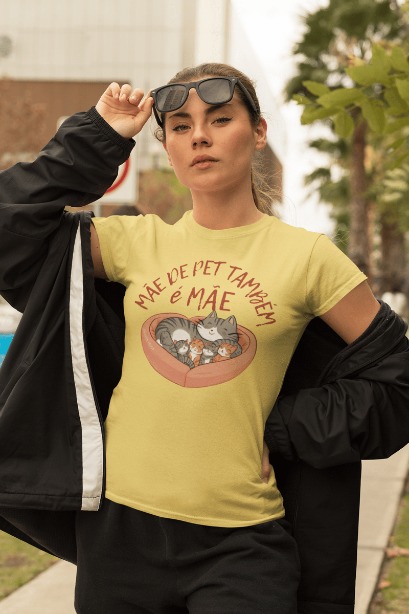 Nome do produto: CAMISETA BABY LONG ESTONADA CAT, MÃE DE PET TAMBÉM E MÃE