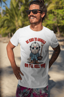 CAMISETA T-SHIRT PIMA DOG, LINHA FILME JASON BE KIND TO ANIMALS, SEXTA FEIRA 13