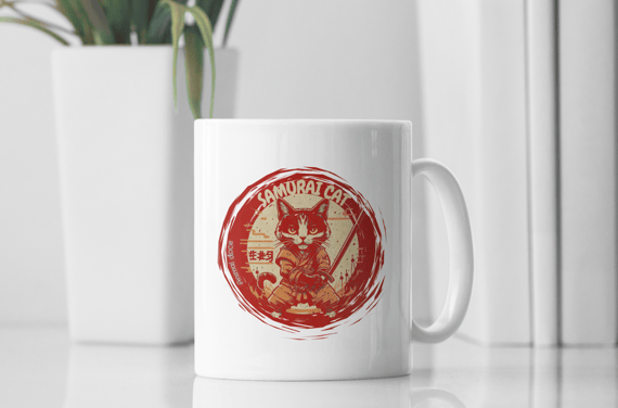 CANECA PERSONALIZADA CRIATIVA EM CERÂMICA, 325ML C/02 LADOS, SAMURAI CAT