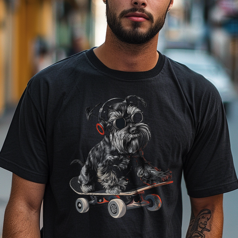 Nome do produto: Camiseta Preta Pets - Schnauzer Skate e Música - Unissex