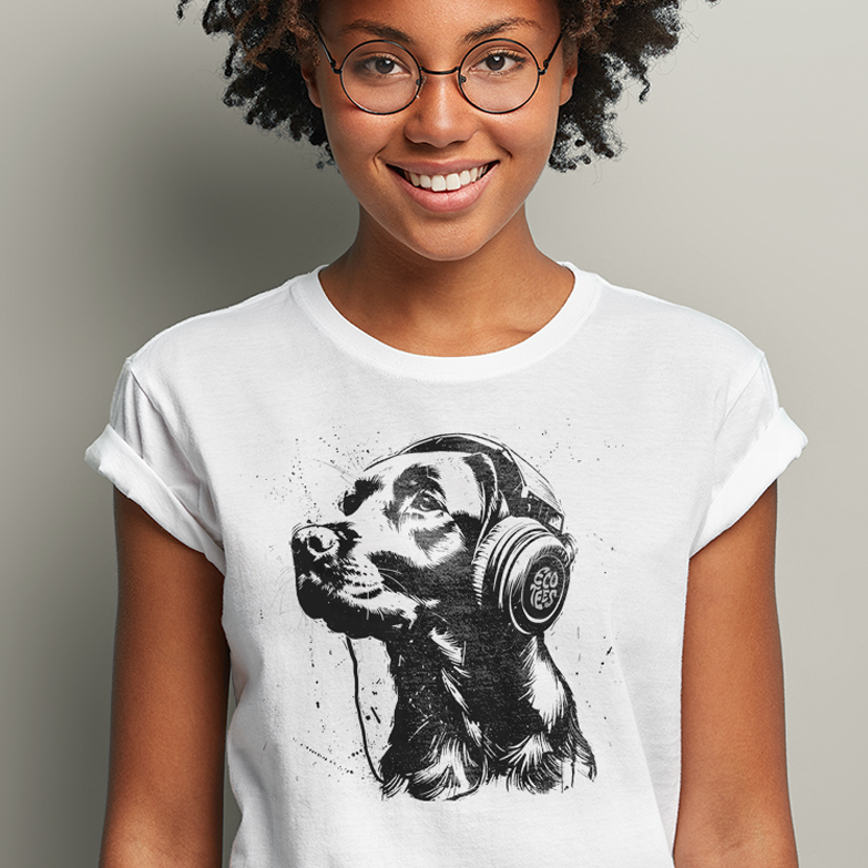 Nome do produto: Camiseta Baby Long Pets - Labrador Ouvindo Música