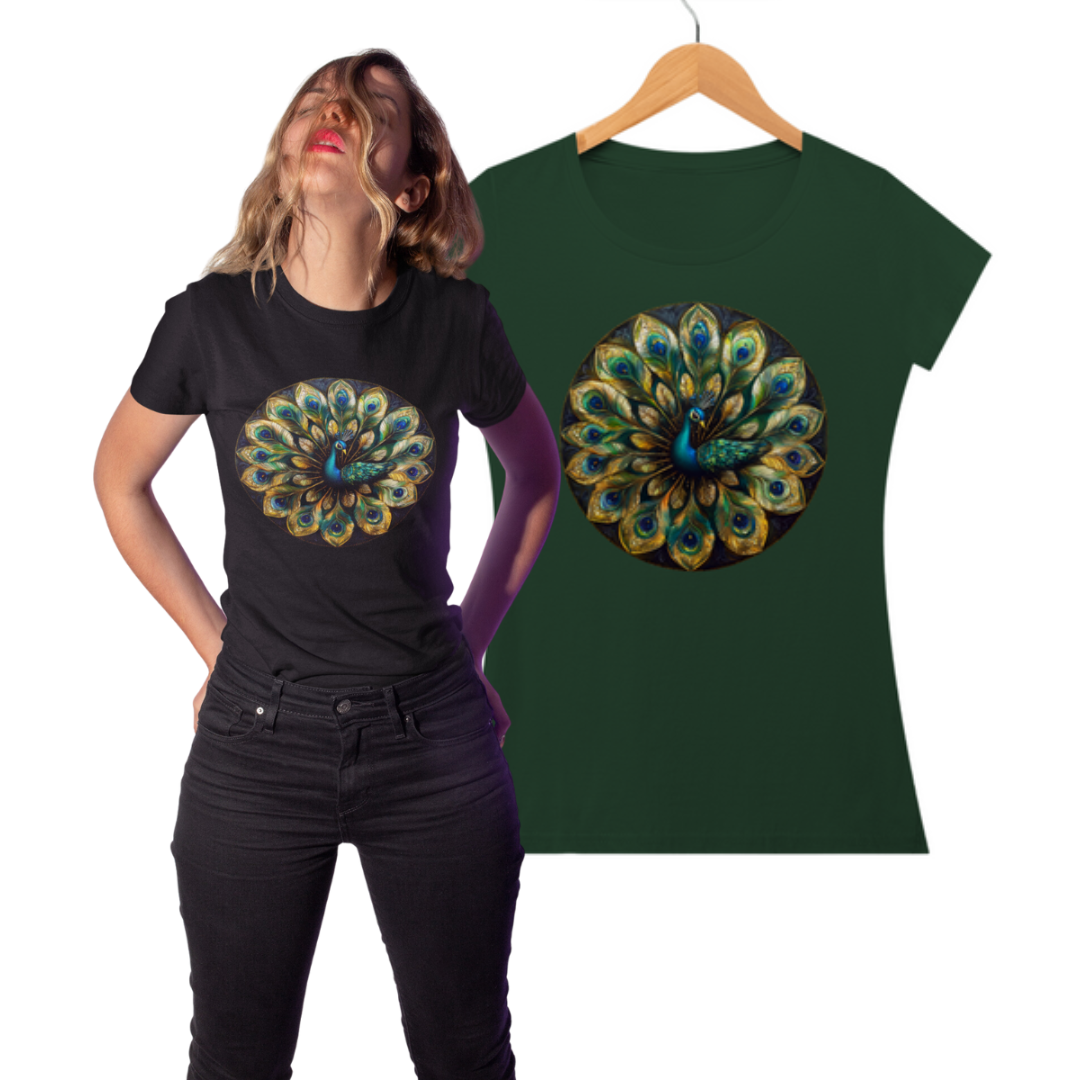 Nome do produto: Camiseta  Feminina Algodão Pima Mandala do Pavão