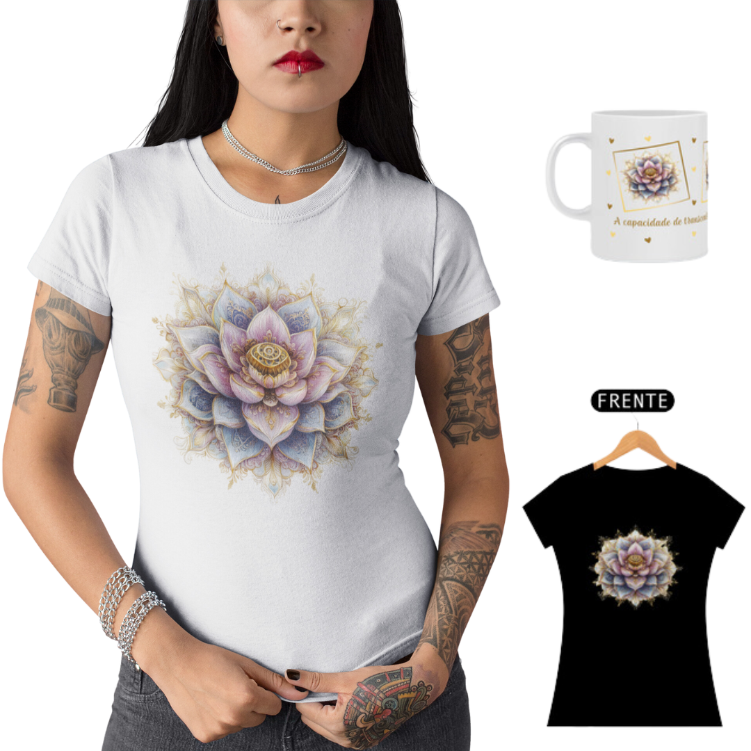 Nome do produto: Camiseta Feminina Algodão Pima Mandala Flor-de-Lótus