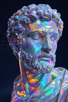 Boné Prime Com TelaUm deslumbrante busto masculino de mármore iridescente, renderização em 8K com Unreal Engine, cores vibrantes, muito reflexivo, iluminação perfeita, fundo azul-índigo escuro, ZBrush.